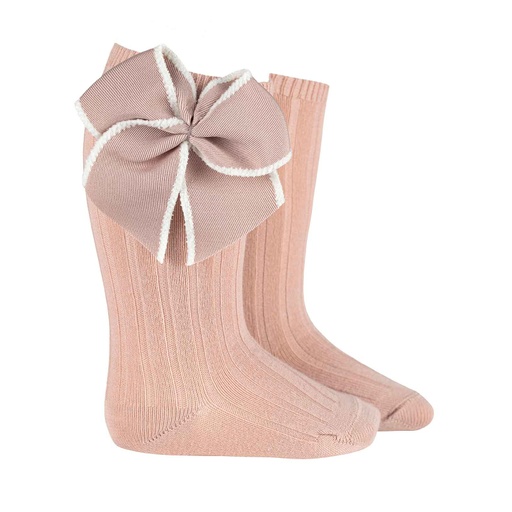 Ribbed Knee Sock W/ Contrast Color Trim Bow